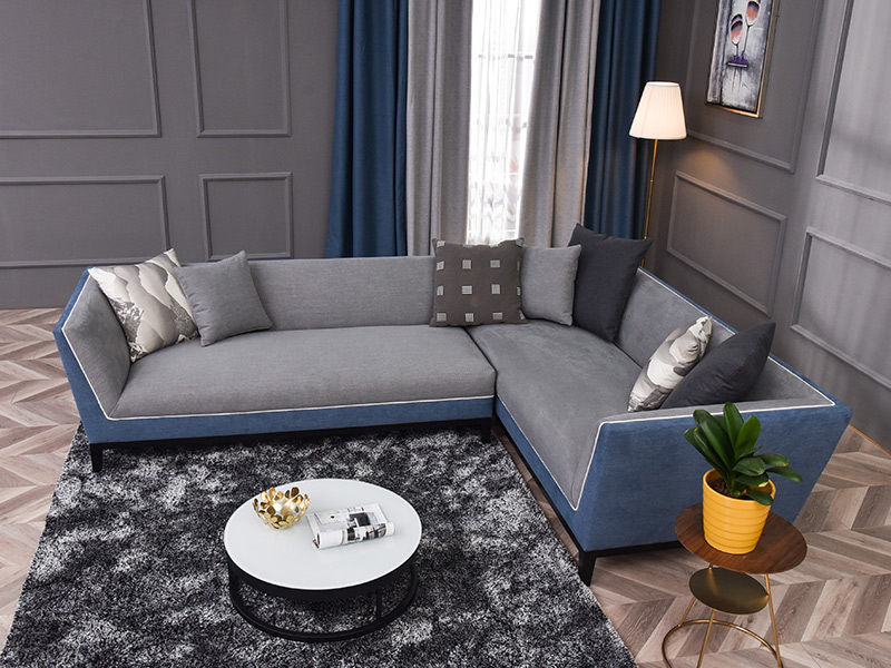 New fresh grey / blue fabric corner sofa